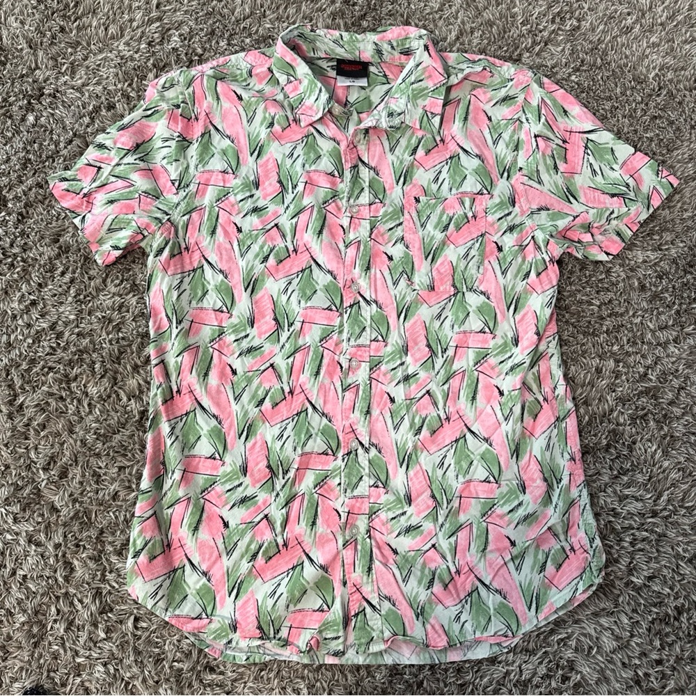 Stranger Things Shirt LG Netflix Jim Hopper Button Pink Green Hawaiian All Over